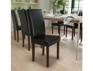Black LeatherSoft Upholstered Parsons Chair w/Panel Stitching &Mahogany Legs