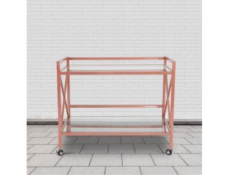 Rose Gold Metal Kitchen Bar Cart with Glass Shelves and X-Frame
