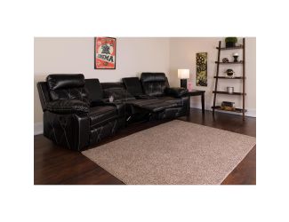 3-Seat Reclining Black LeatherSoft Theater Seating Unit with Curved Cup Holders