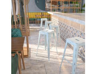 30" High Backless Distressed Green-Blue Metal Indoor-Outdoor Barstool - Patio