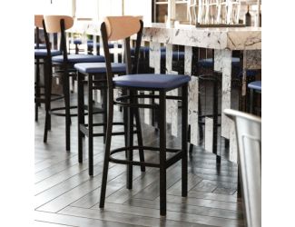 Commercial Metal Barstool with Vinyl Seat and Wood Boomerang Back-Blue/Natural