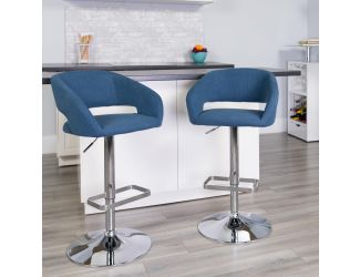 Blue Fabric Adjustable Height Barstool with Rounded Mid-Back and Chrome Base