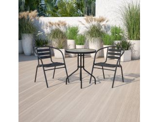 23.75" Round Glass Metal Table with 2 Black Metal Aluminum Slat Stack Chairs