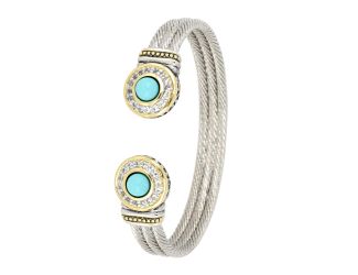 Perola Pave CZ & Turquoise double wire 8mm Cuff Bracelet. End motif 5/8"x5/8" Diam. Made in America
