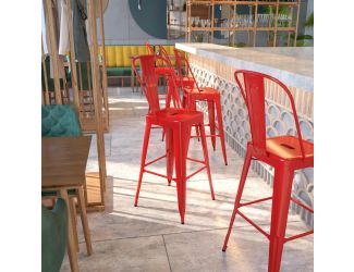 30" High Red Metal Indoor-Outdoor Barstool with Back - Kitchen Furniture