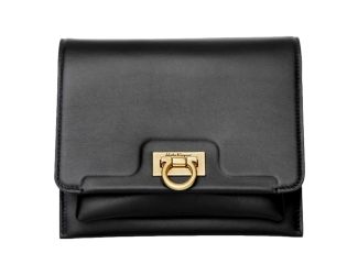 Ferragamo Trifolio Black Leather Flap Crossbody Bag Gold Gancini Designer