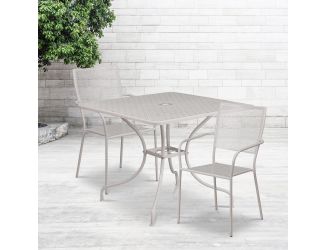 35.5" Square Lt Gray Indoor-Outdoor Steel Patio Table Set w/2 Square Back Chairs