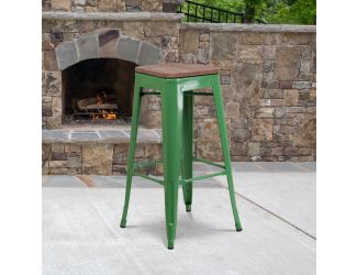 30" High Backless Green Metal Barstool with Square Wood Seat - Kitchen Furniture