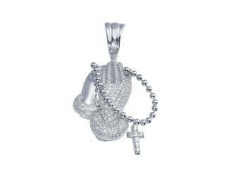 PARIKHS Men's Rhodium Plated CZ Prayer Hand with Rosary HipHop Pendant with chain in Sterling Silver