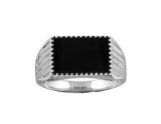 PARIKHS Men's Rhodium Plated Black Enamel Ring in 925 Sterling Silver - Size-10