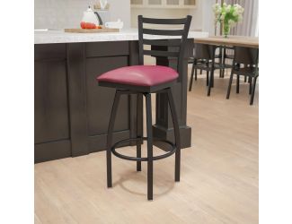 Black Ladder Back Swivel Metal Barstool - Burgundy Vinyl Seat