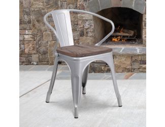 Silver Metal Chair with Wood Seat and Arms - Restaurant Furniture