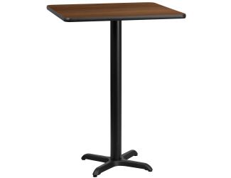 30" Square Walnut Laminate Table Top with 22" x 22" Bar Height Table Base