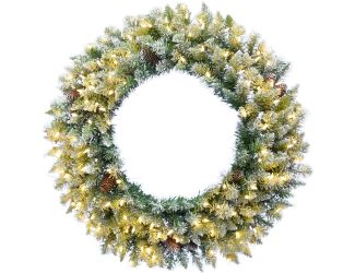 48" Frosted Pine Wreath Door Hanging with Pinecones with Warm White LED Lightning