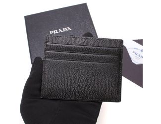 Prada Saffiano Nero Black - Gray Card Holder Silver Logo