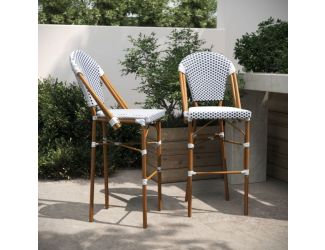 2 Pack All-Weather Commercial Paris Stools with Bamboo Print Frame-White/Navy