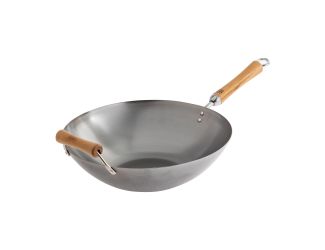 Joyce Chen - Classic Series 14" Uncoated Carbon Steel Flat Bottom Wok w/Birch Handles
