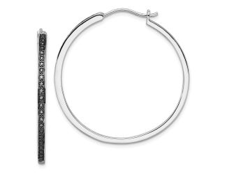 SS Rhodium Plated White Night Black Diamond Hoop Earrings