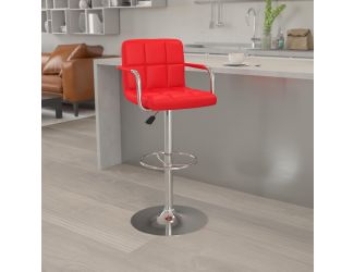 Red Quilted Vinyl Adjustable Height Barstool with Arms and Chrome Base