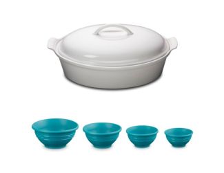 White 4qt Stoneware Covered Oval Casserole w/ 4pc Silicone Prep Bowls Caribbean