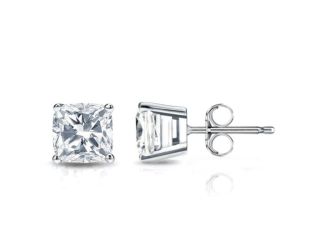 Bright White Pinnacle Cushion Lab Grown Diamond Stud in 14K White Gold 2.10ct,Color-GH,Clarity-VVS
