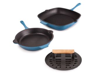 Neo 3pc Enamel on Cast Iron Cookware Set: 10" Fry Pan, Grill Pan and Slotted Steak Press, Blue