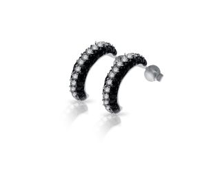 PARIKHS Rhodium Plated Black and Silver Crescent CZ Semi-huggie Hoop Earrings in 925 Sterling Silver