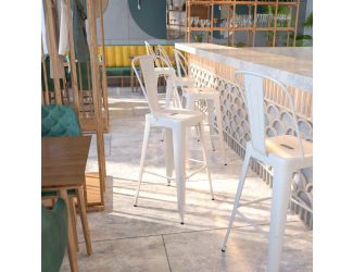 30" High White Metal Indoor-Outdoor Barstool with Back - Kitchen Furniture