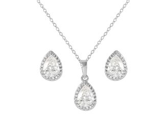 PARIKHS Rhodium Plated Pear Shapped CZ April Birthstone Set in 925 Sterling Silver