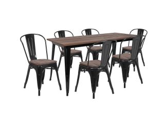 30.25" x 60" Black Metal Table Set with Wood Top and 6 Stack Chairs