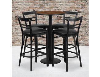 24" Round Walnut Laminate Table with Round Base & 4 Ladder Back Metal Barstools