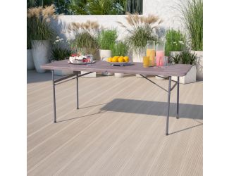 6-Foot Bi-Fold Brown Wood Grain Plastic Folding Table with Carrying Handle