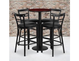 24" Round Mahogany Laminate Table w/ Round Base & 4 Ladder Back Metal Barstools