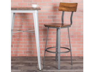 Rustic Walnut Restaurant Barstool with Wood Seat & Back & Gray Powder Coat Frame