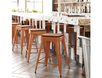 Indoor/Outdoor Backless Counter Stool with Poly Seat - Orange/Teak
