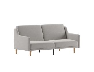 Split Back Futon Sofa with Curved Arms and Solid Wood Legs- Navy Faux Linen