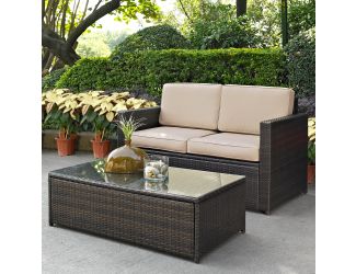 Palm Harbor 2 Piece Outdoor Wicker Seating Set With Sand Cushions - Loveseat & Glass Top Table