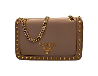 Prada Pattina Glace Calf Leather Cammeo Beige Gold Studded Bag