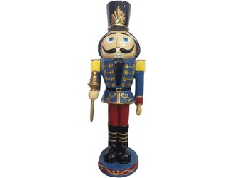 3-Ft. Nutcracker Toy Soldier Holding a Staff, Resin Statue w/ LED Lights, Indoor or Covered Outdoor