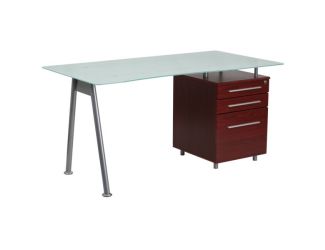 Mahogany Computer Desk with Tempered Glass Top and Three Drawer Pedestal