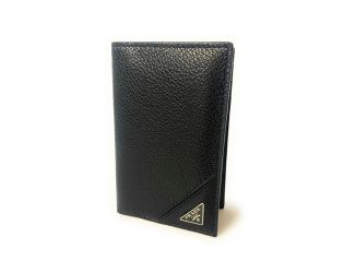 Prada Vitello Grain Black Leather Triangle Logo Vertical Bifold Wallet