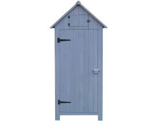 Outdoor Wooden Storage Shed with Pitched Roof, 3 Shelves and Locking Latch in Gray 2.5 Ft. W x 1.7 F