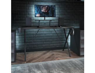Black Gaming Desk with Cup Holder, Headphone Hook, and Monitor/Smartphone Stand