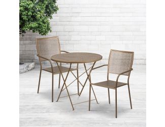 30" Round Gold Indoor-Outdoor Steel Folding Patio Table Set with 2 Chairs