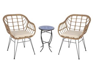 2 Faux Rattan Basket Chairs - Brown w/Pansies Blue Mosiac Accent Table