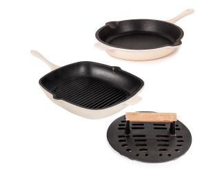Neo 3pc Enamel on Cast Iron Cookware Set: 10" Fry Pan, Grill Pan and Slotted Steak Press, Meringue
