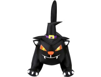 6-ft. Wide Prelit Inflatable Black Cat with Witch Hat