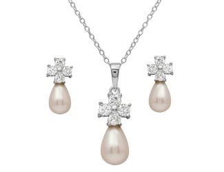 PARIKHS Rhodium Plated CZ Cross with Fresh Water Pearl Necklace-Earring Set in 925 Sterling Silver