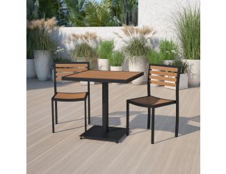 Outdoor Patio Bistro Dining Table Set with 2 Chairs and Faux Teak Poly Slats