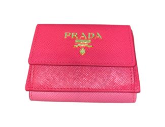 Prada Tri-Fold Saffiano Wallet Womens Pink Multicolor Gold Prada Logo